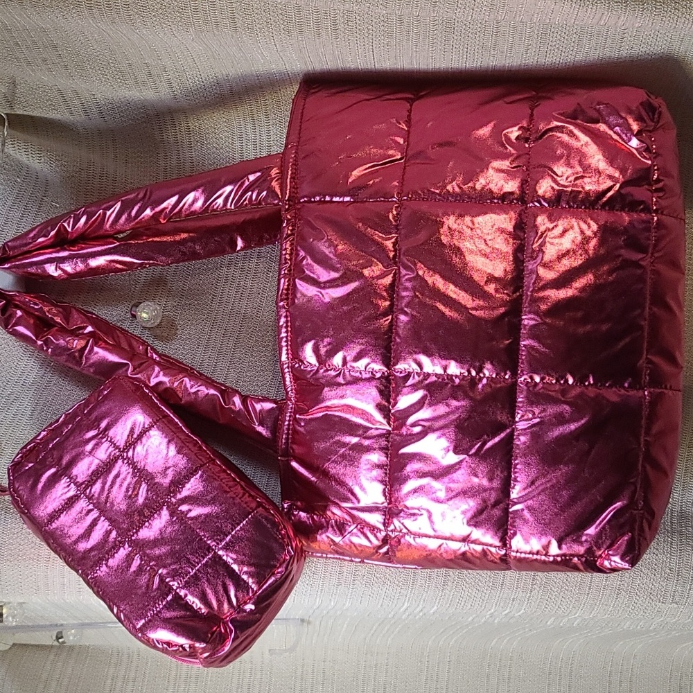 Metallic Shiny Bright Pink Puffer Tote Bag & Matching Accessory Bag, Bundle Nwt